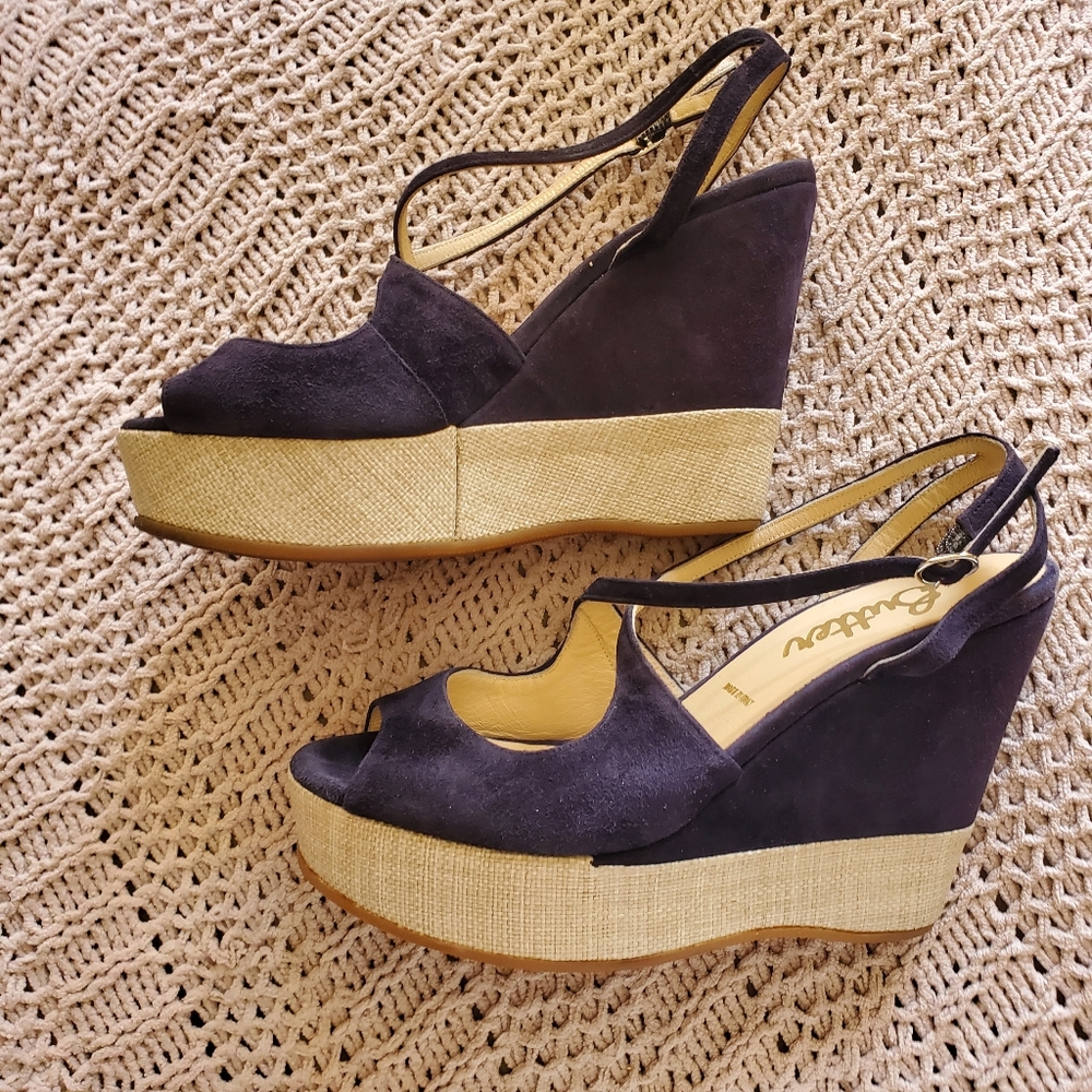 Butter Navy Suede Strappy Wedges
